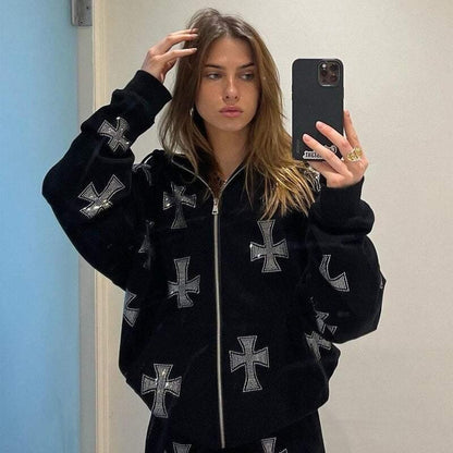 Hoodie with Shiny Rhinestone Cross -  unisex - Gothic Unisex Hoodie with Rhinestone Cross Detail