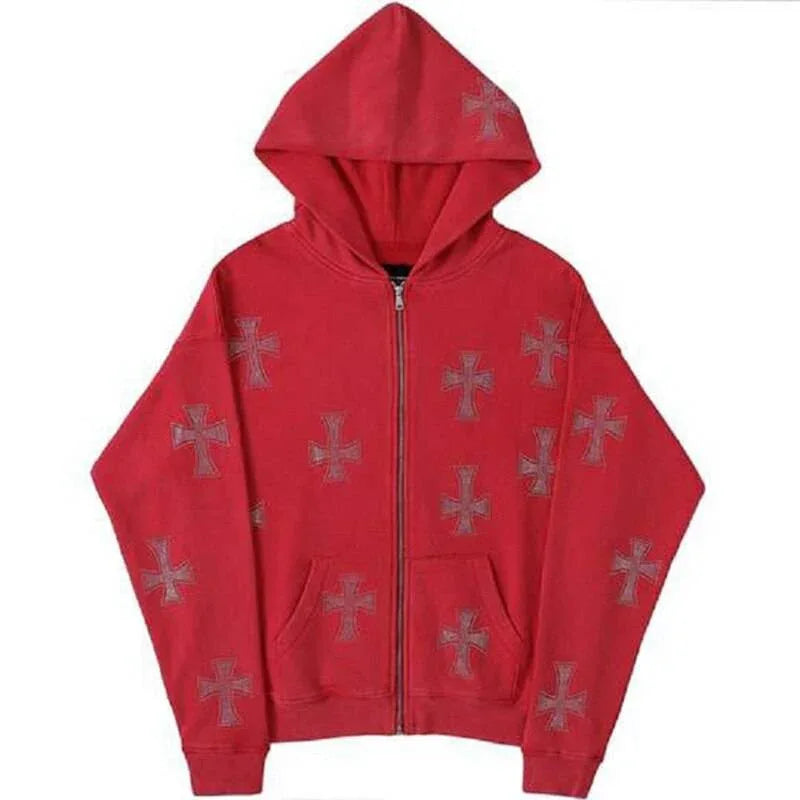 Hoodie with Shiny Rhinestone Cross - y2k-core - Gothic Unisex Hoodie with Rhinestone Cross Detail