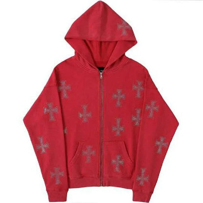 Hoodie with Shiny Rhinestone Cross - y2k-core - Gothic Unisex Hoodie with Rhinestone Cross Detail