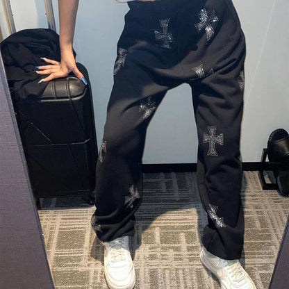 Jogging with Rhinestone Crosses - jogging pants - Rhinestone Cross Jogging Pants for Casual Style