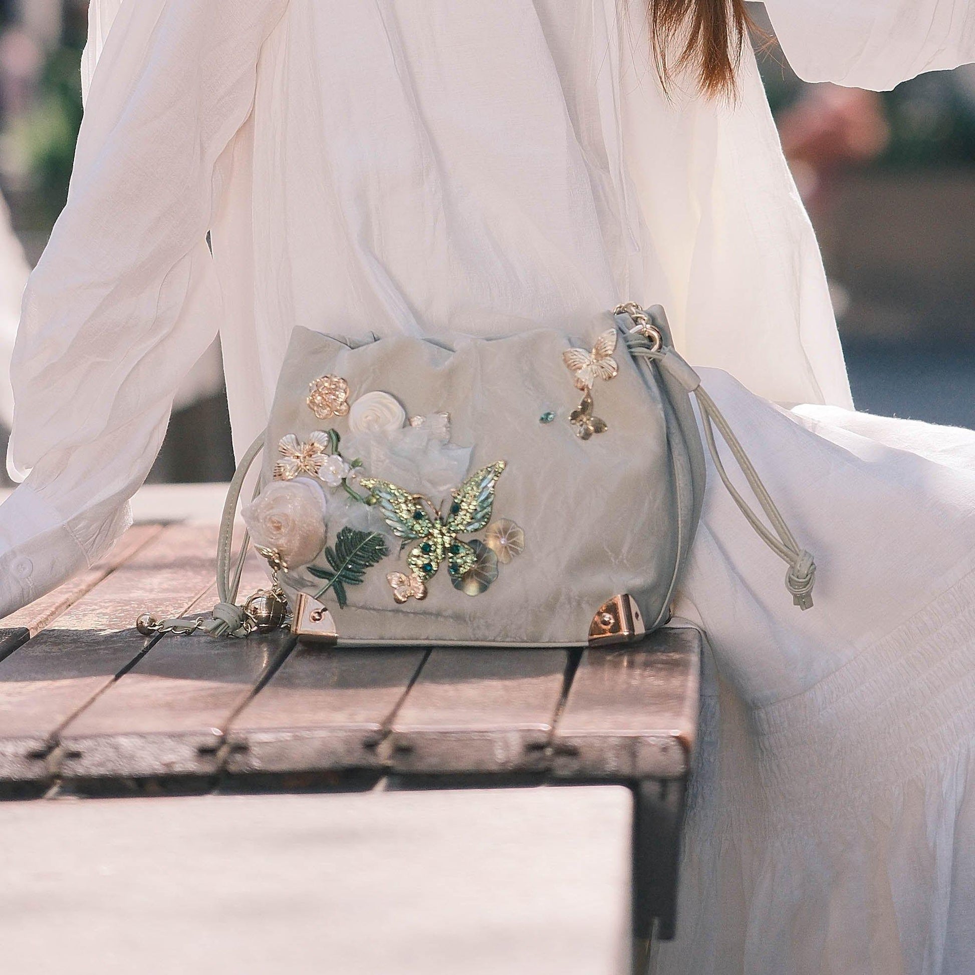 Lovely Floral Butterfly Bucket Bag -  3D floral appliqués - Floral Butterfly Bucket Bag in Sage Green