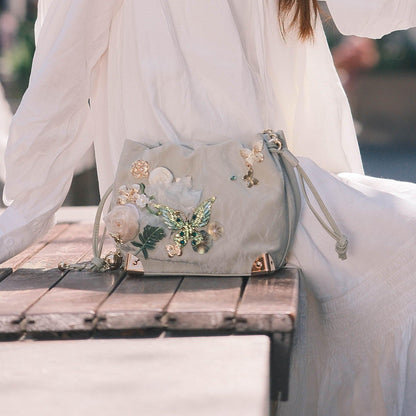 Lovely Floral Butterfly Bucket Bag -  3D floral appliqués - Floral Butterfly Bucket Bag in Sage Green
