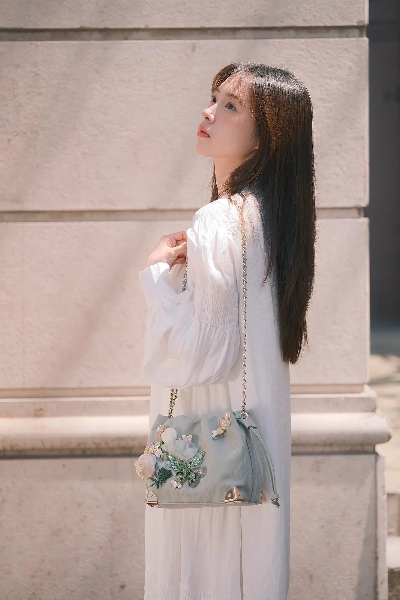 Lovely Floral Butterfly Bucket Bag -  3D floral appliqués - Floral Butterfly Bucket Bag in Sage Green