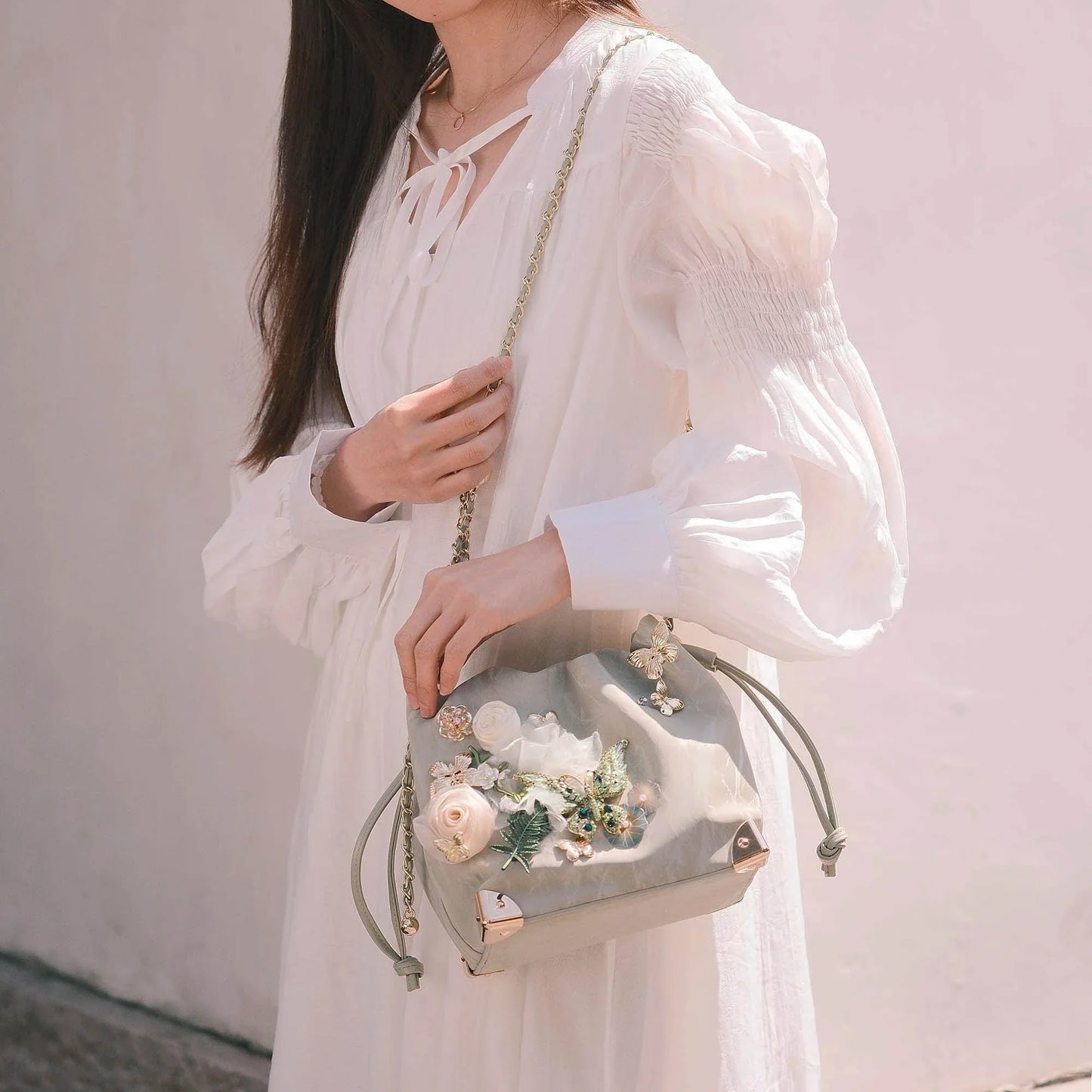Lovely Floral Butterfly Bucket Bag - convertible bucket bag - Floral Butterfly Bucket Bag in Sage Green