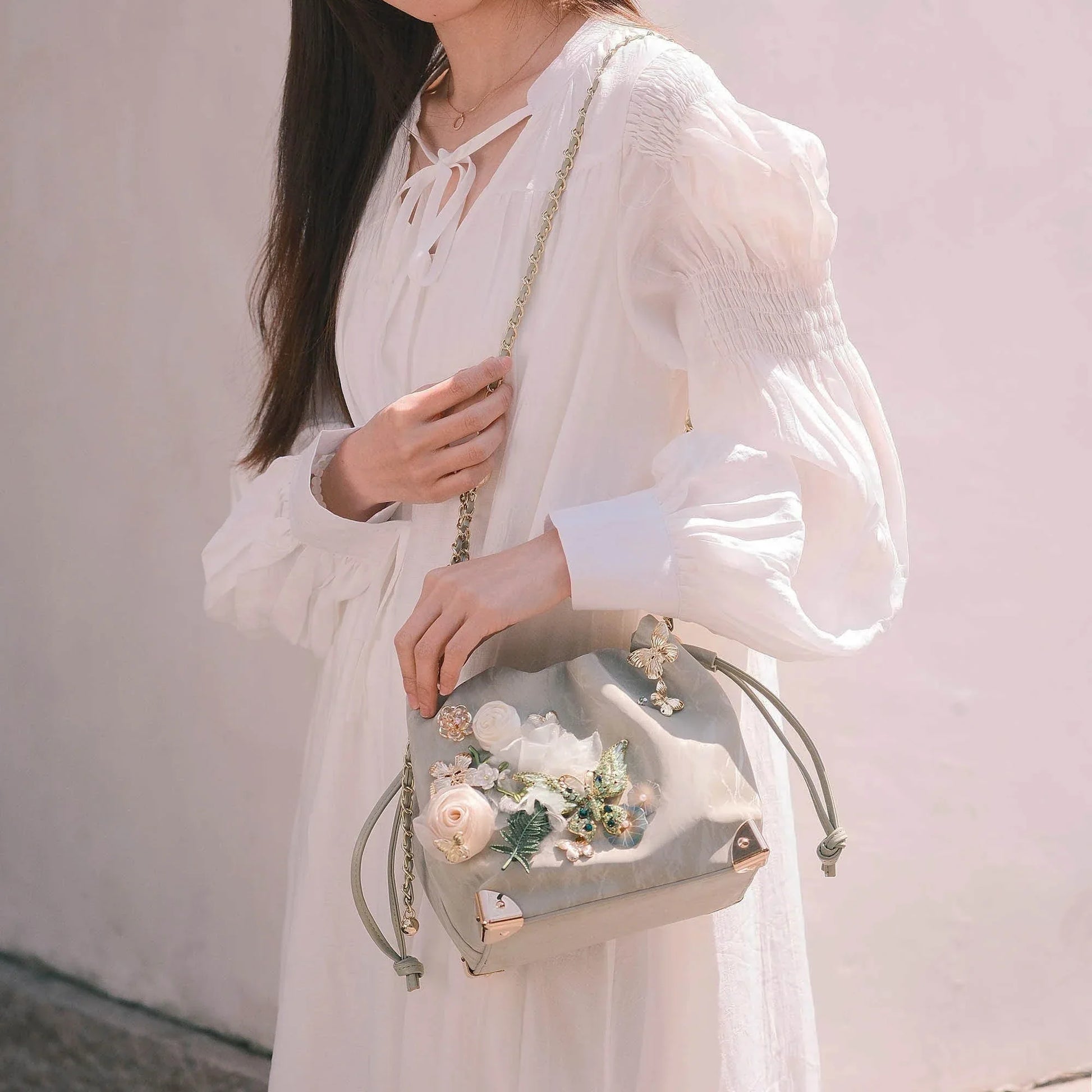 Lovely Floral Butterfly Bucket Bag - convertible bucket bag - Floral Butterfly Bucket Bag in Sage Green