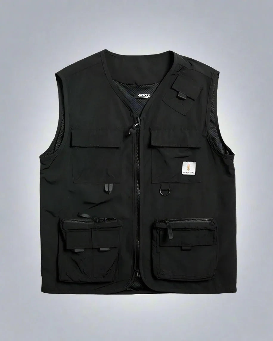 Multi-Pocket Black Sleeveless Vest - black vest - Black Sleeveless Cargo Vest with Multiple Pockets