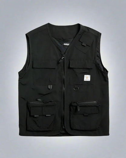 Multi-Pocket Black Sleeveless Vest - black vest - Black Sleeveless Cargo Vest with Multiple Pockets