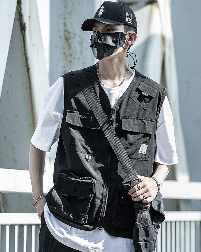 Multi-Pocket Black Sleeveless Vest -  sleeveless vest - Black Sleeveless Cargo Vest with Multiple Pockets