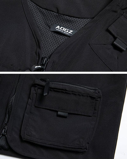 Multi-Pocket Black Sleeveless Vest -  utility vest - Black Sleeveless Cargo Vest with Multiple Pockets