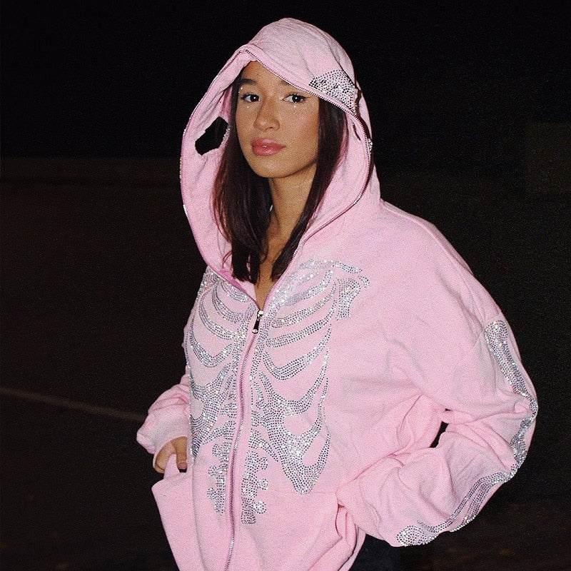 Rhinestone skeleton hoodie - y2k-core - Rhinestone Skeleton Hoodie for Unique Style