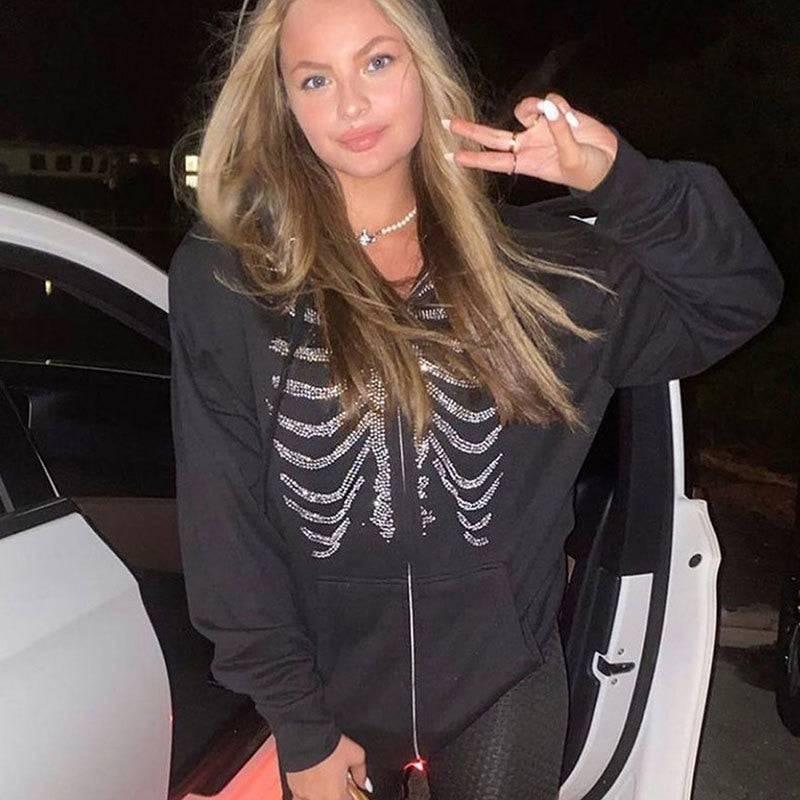 Skeleton Rhinestone Sweatshirt -  y2k - Skeleton Rhinestone Sweatshirt for Unisex Style