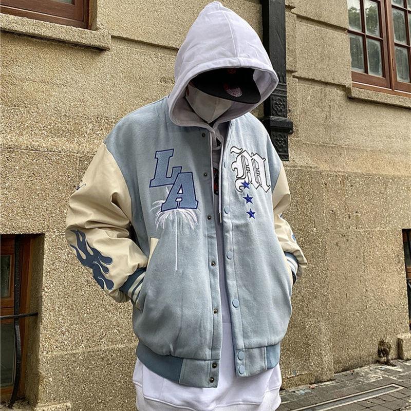 Sky Blue Varsity Jacket - cotton polyester jacket - Sky Blue Varsity Jacket for Casual Style