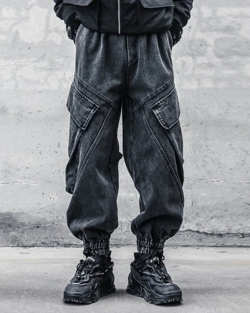 Sleek Black Denim Cargo Trousers -  black pants - Stylish Black Denim Cargo Trousers for All