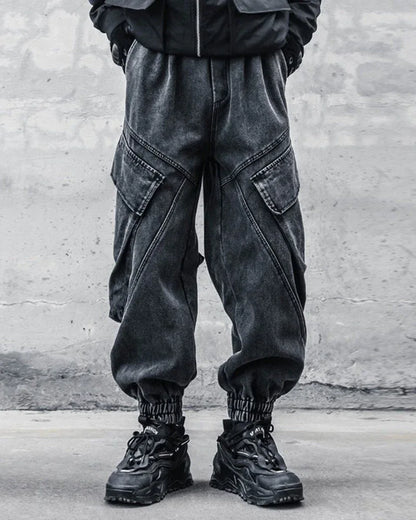 Sleek Black Denim Cargo Trousers -  black pants - Stylish Black Denim Cargo Trousers for All