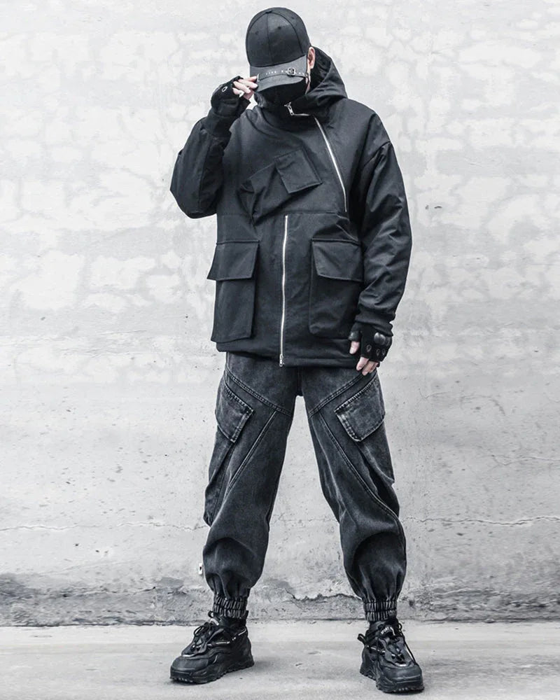Sleek Black Denim Cargo Trousers -  denim pants - Stylish Black Denim Cargo Trousers for All