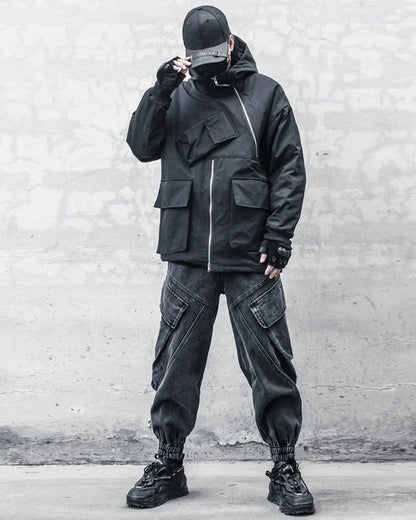 Sleek Black Denim Cargo Trousers -  denim pants - Stylish Black Denim Cargo Trousers for All