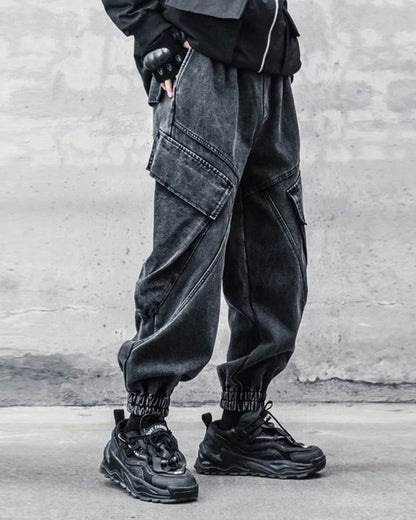 Sleek Black Denim Cargo Trousers - urban style pants - Stylish Black Denim Cargo Trousers for All