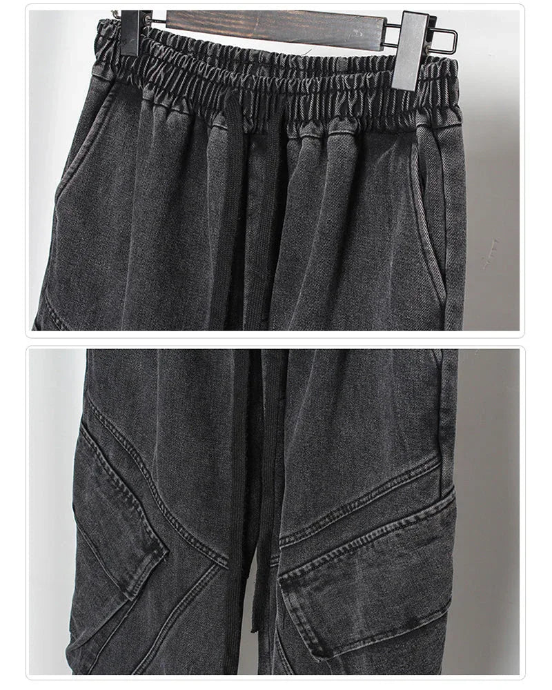 Sleek Black Denim Cargo Trousers - urban style pants - Stylish Black Denim Cargo Trousers for All