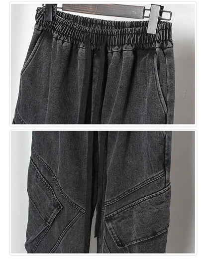 Sleek Black Denim Cargo Trousers - urban style pants - Stylish Black Denim Cargo Trousers for All