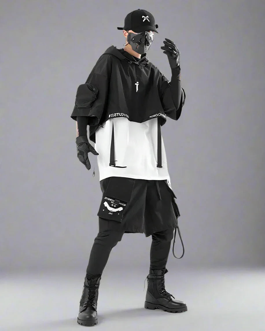 Sleek Black Hooded Cloak -  stylish urban apparel - Stylish Hooded Cloak for Urban Adventurers