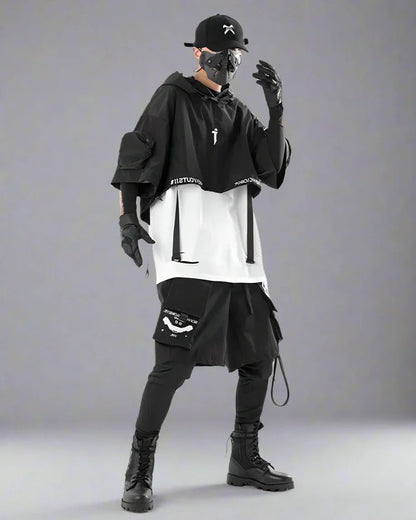 Sleek Black Hooded Cloak -  stylish urban apparel - Stylish Hooded Cloak for Urban Adventurers