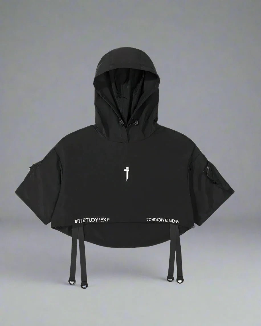 Sleek Black Hooded Cloak - techwear-core - Stylish Hooded Cloak for Urban Adventurers