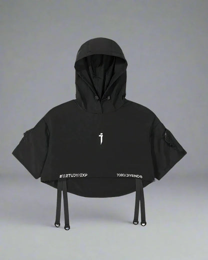 Sleek Black Hooded Cloak - techwear-core - Stylish Hooded Cloak for Urban Adventurers