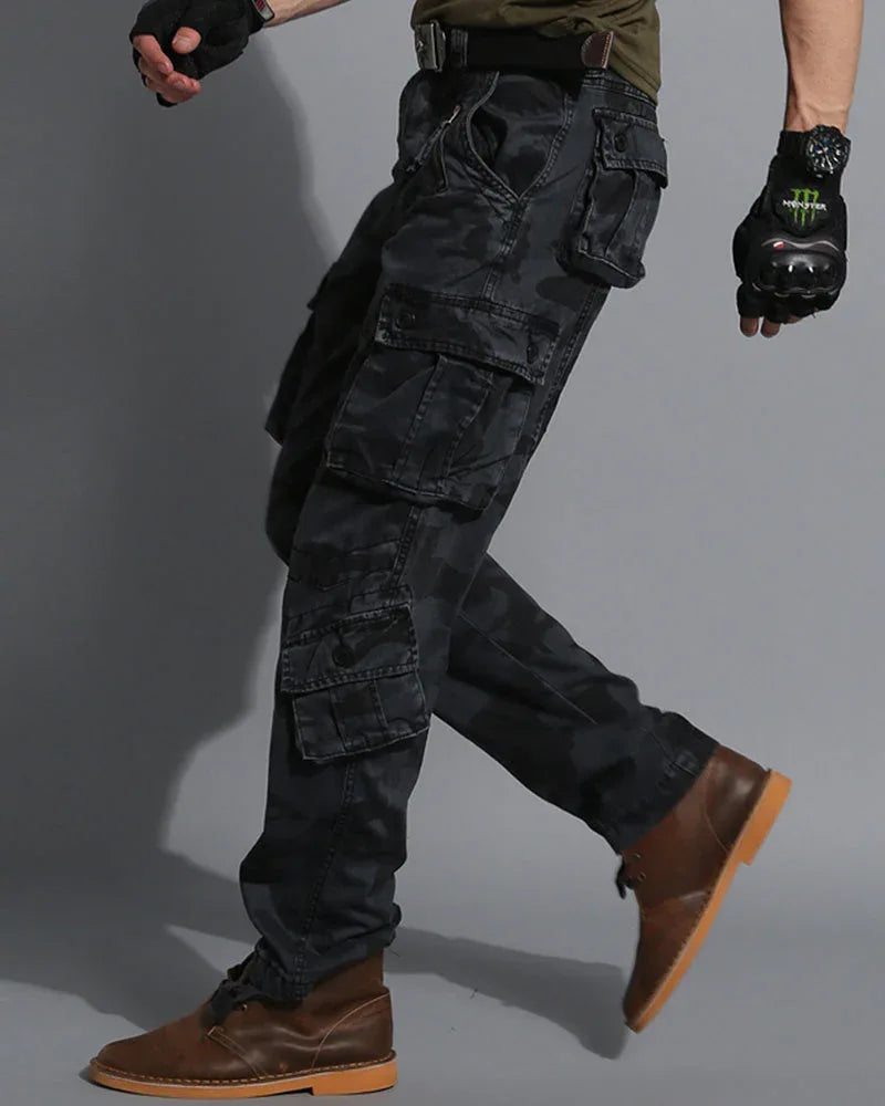 Stealthy Black Camo Cargo Trousers - techwear pants - Black Camo Cargo Trousers for Everyday Adventure