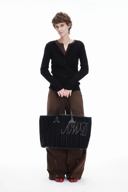 Stylish Corduroy & Leather Bag -  fashion accessory - Chic Corduroy and Leather Tote Bag