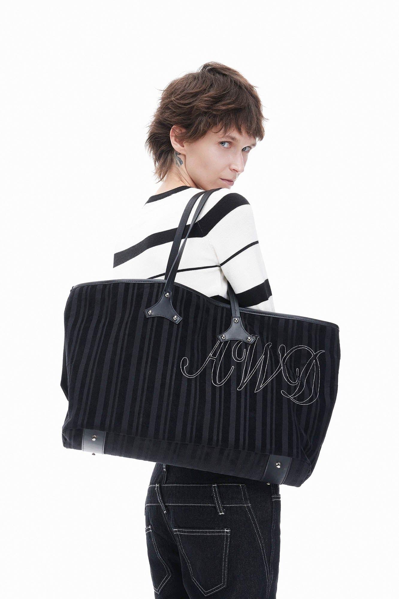 Stylish Corduroy & Leather Bag -  inner pocket tote - Chic Corduroy and Leather Tote Bag
