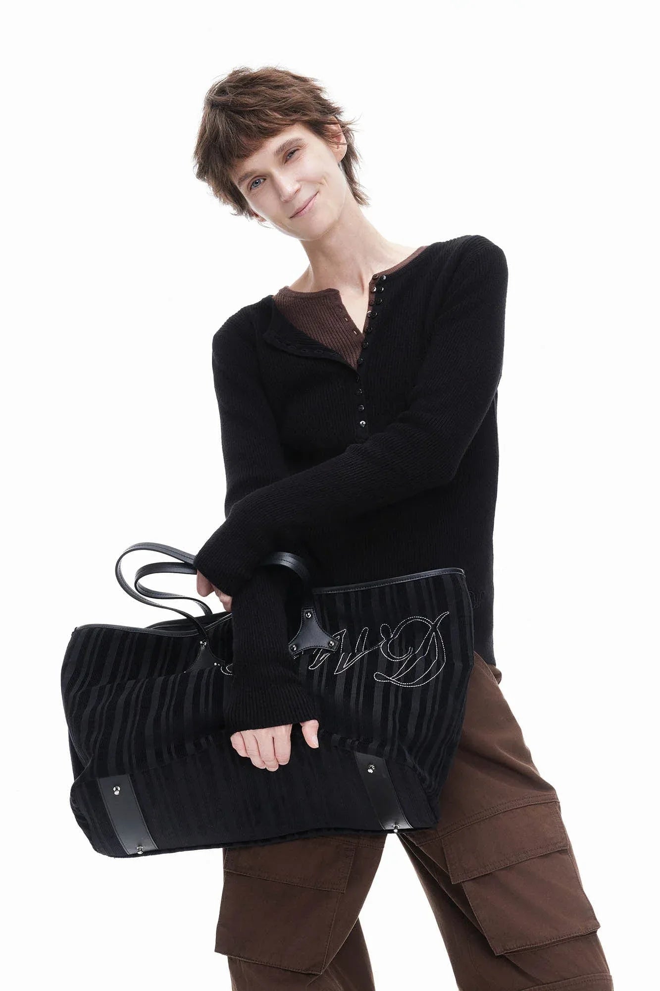 Stylish Corduroy & Leather Bag -  leather tote - Chic Corduroy and Leather Tote Bag