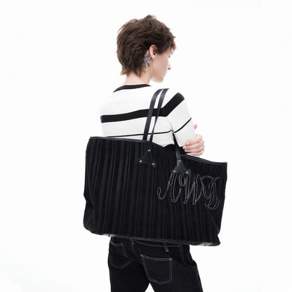 Stylish Corduroy & Leather Bag - patchwork design bag - Chic Corduroy and Leather Tote Bag