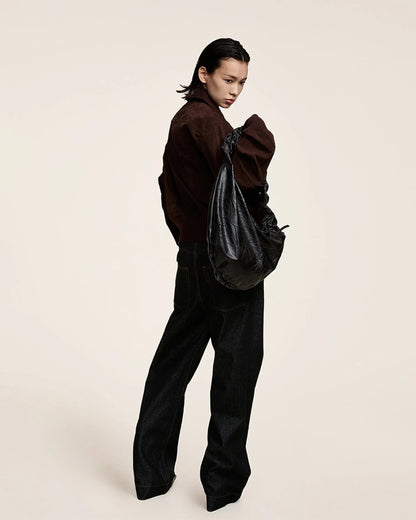 Stylish Crescent Wrinkle Tote -  zipper bag - Stylish Crescent Wrinkle Tote for Modern Use