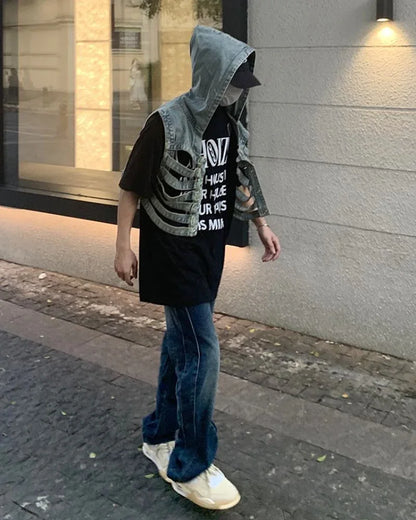 Stylish Cutout Denim Jacket -  streetwear - Trendy Cutout Denim Jacket for Urban Style