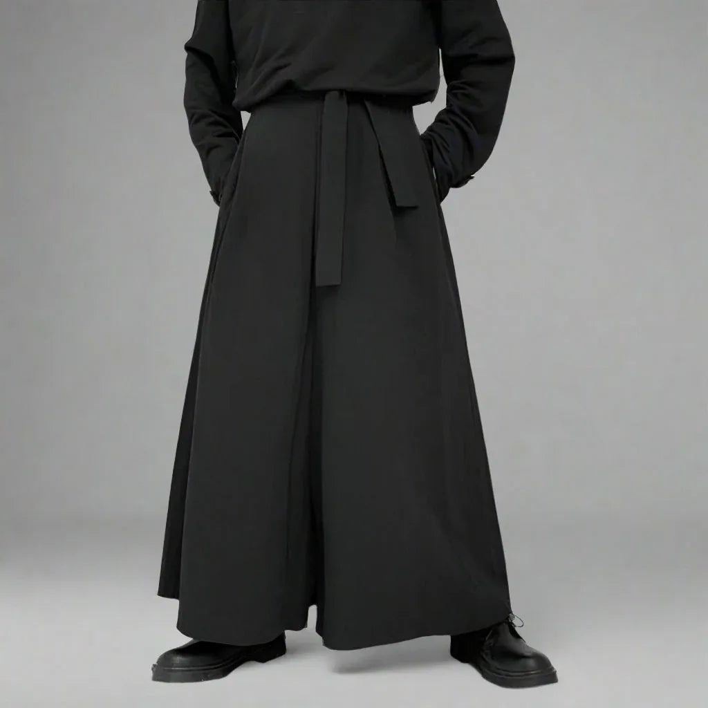 Stylish Flowing Wide Leg Pants -  cotton trousers - Chic Wide Leg Pants with Adjustable High Waist