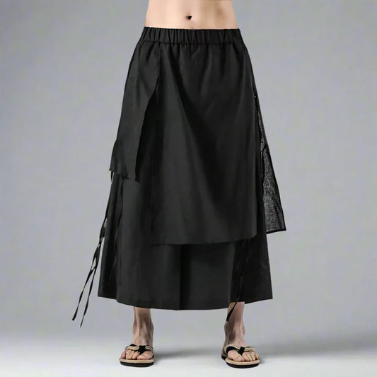 Stylish Layered Wide-Leg Pants - hakama pants - Layered Wide-Leg Pants with Comfortable Fit