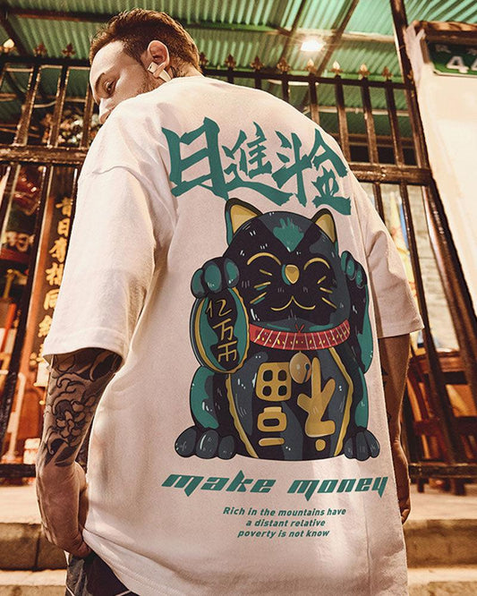 Stylish Lucky Cat T-Shirt - everyday style t-shirt - Stylish Oversized Lucky Cat T-Shirt