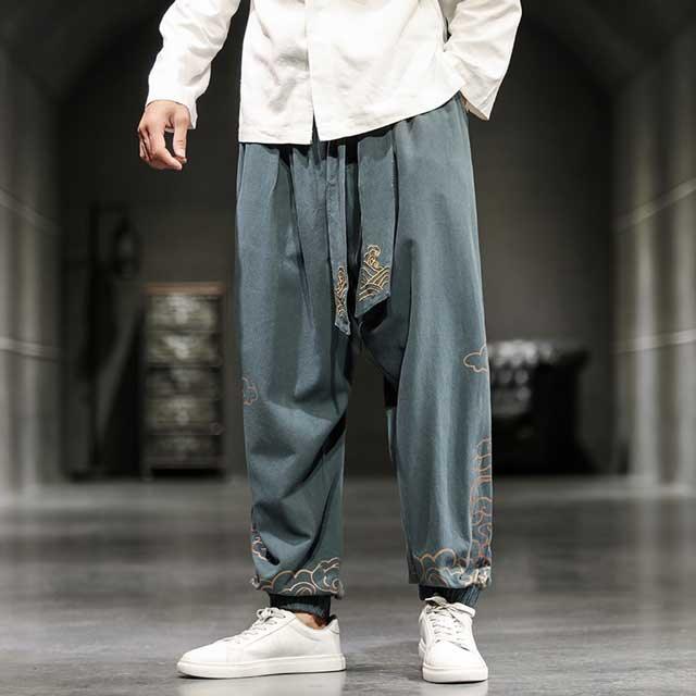 Stylish Oriental Jogger Pants -  linen - Stylish Wide Leg Japanese Jogger Pants