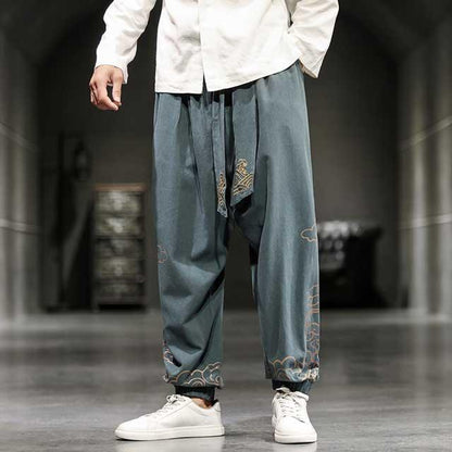 Stylish Oriental Jogger Pants -  linen - Stylish Wide Leg Japanese Jogger Pants