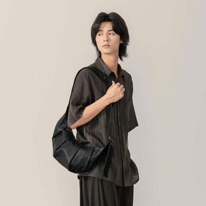 Stylish Pleated Waxed Leather Tote - croissant shaped bag - Stylish Pleated Waxed Leather Tote Bag