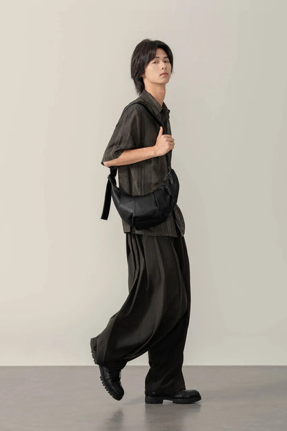 Stylish Pleated Waxed Leather Tote -  crossbody bag - Stylish Pleated Waxed Leather Tote Bag