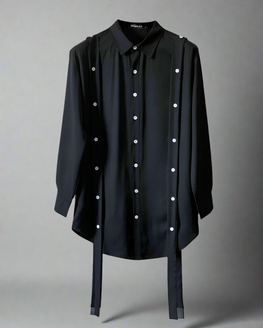 Stylish Ribbon-Trim Oversized Top - techwear - Oversized Techwear Shirt with Ribbon Trim