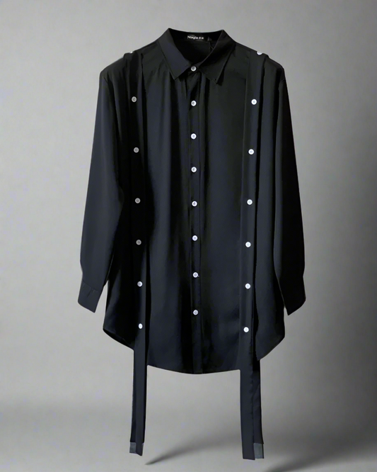 Stylish Ribbon-Trim Oversized Top - techwear - Oversized Techwear Shirt with Ribbon Trim