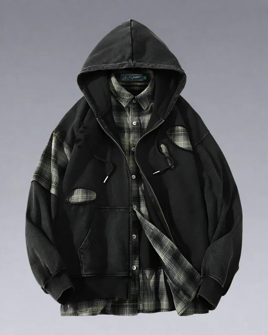 Stylish Ripped Unisex Hoodie Set -  polyester cotton spandex hoodie - Unisex Stylish Ripped Hoodie Set in Black and Green