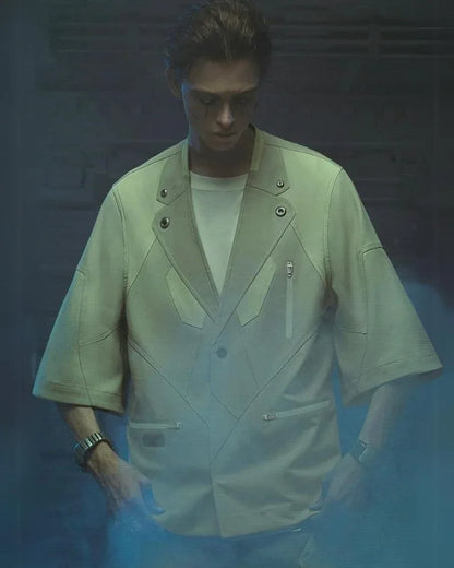 Tech-Infused Short Sleeve Suit - edgy color-blocked design - Futuristic Tech-Infused Short Sleeve Suit