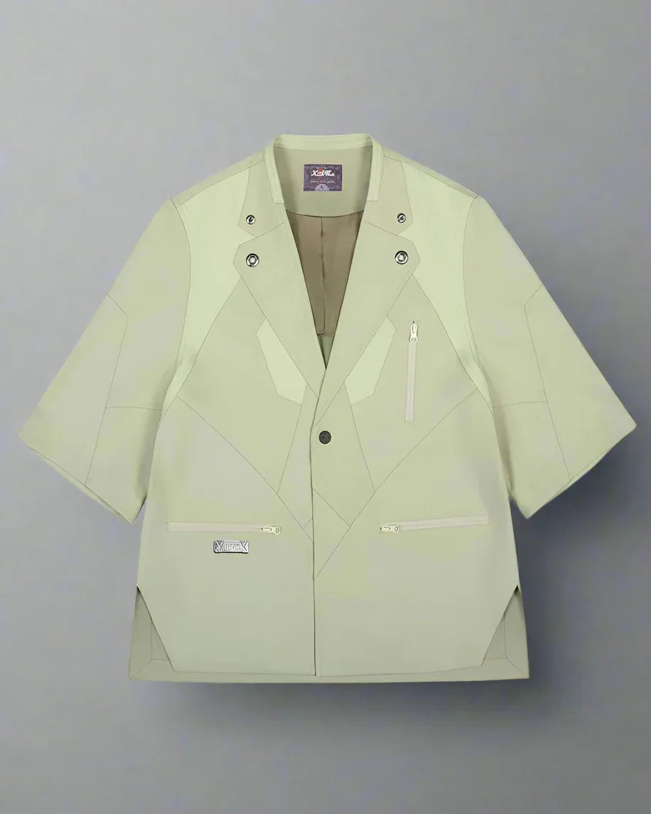 Tech-Infused Short Sleeve Suit - edgy color-blocked design - Futuristic Tech-Infused Short Sleeve Suit