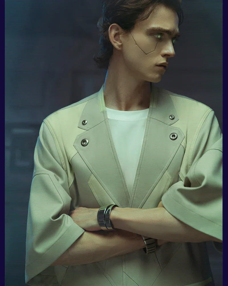 Tech-Infused Short Sleeve Suit -  matching techwear shorts - Futuristic Tech-Infused Short Sleeve Suit