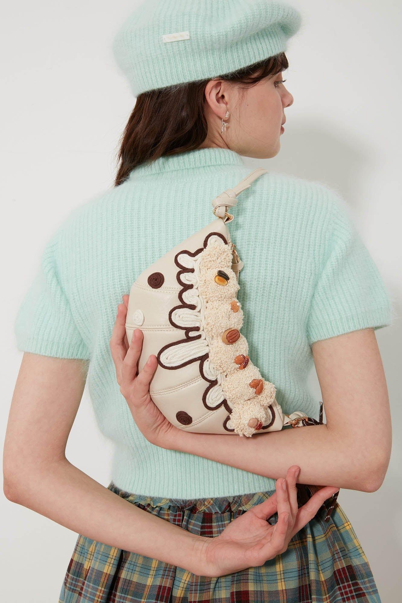 Trendy Cream Croissant Bag -  textured flap bag - Charming Cream Croissant Shoulder Bag