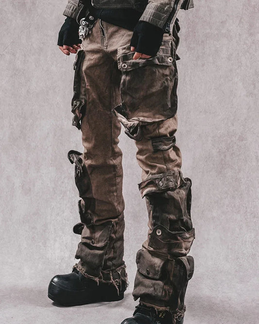 Trendy Distressed Flared Cargo - cargo pants - Trendy Distressed Flared Cargo Pants in Coffee