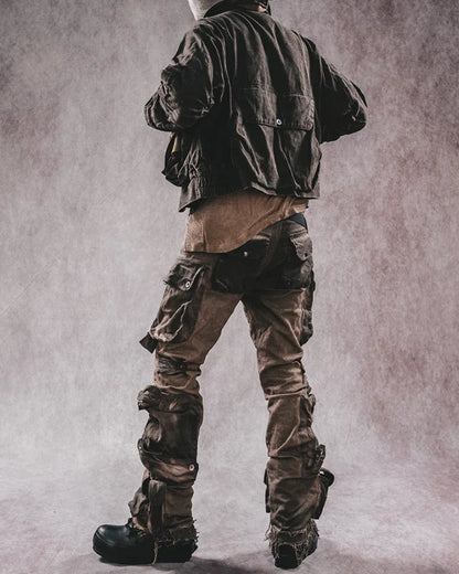 Trendy Distressed Flared Cargo -  coffee - Trendy Distressed Flared Cargo Pants in Coffee